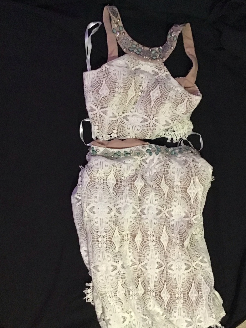 Sherri Hill White Lace Two-Piece Dress with Nude Lining and Embellished Neck